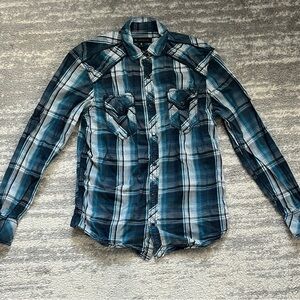 INC International Concepts Teal and Black Plaid Shirt